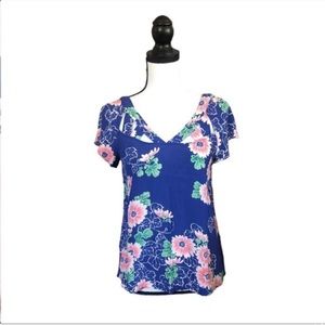 Maeve Anthropologie Blue Floral Print Cutout Blouse V-Neck Short Sleeve Size 2